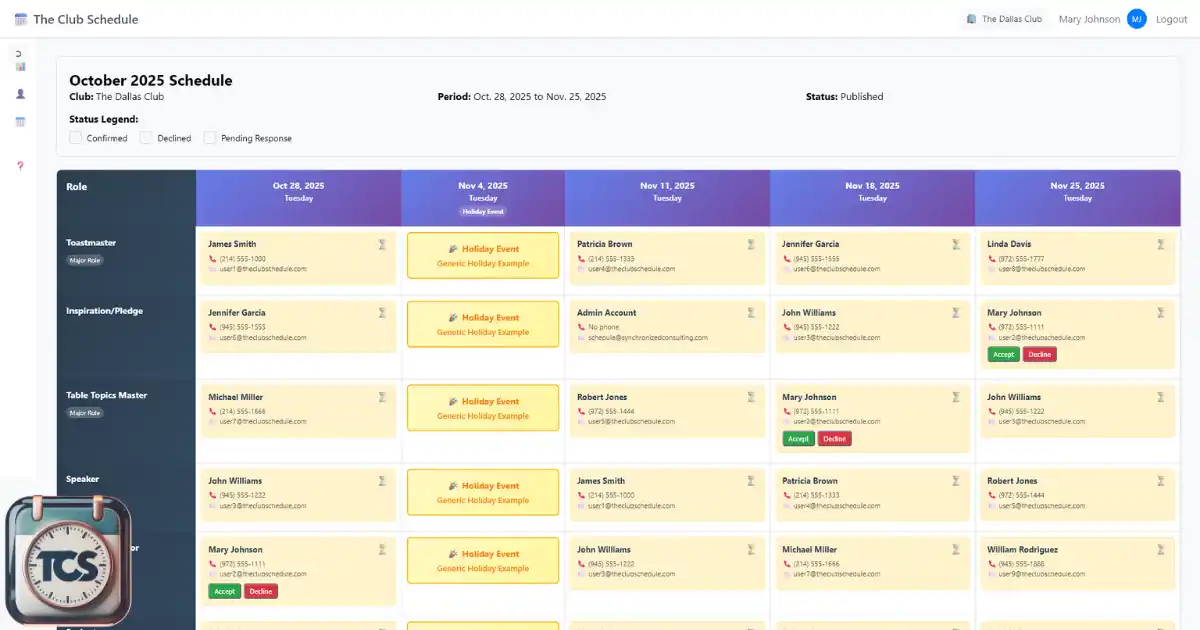 The Club Schedule helps Toastmasters clubs manage their club meeting schedules.